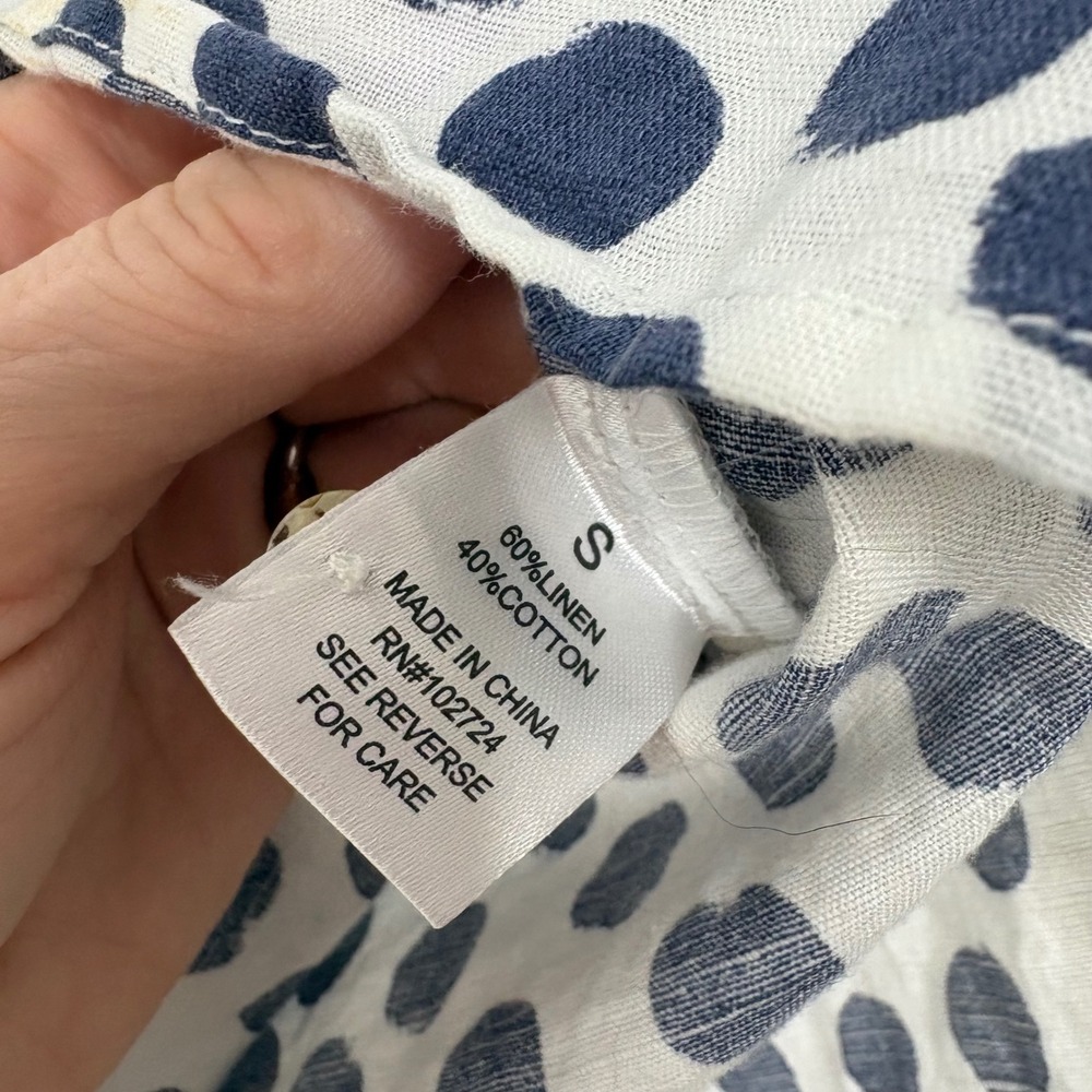 Hester & Orchard Linen Blend Polka Dot Henley Blouse Navy White Small - Picture 5 of 6